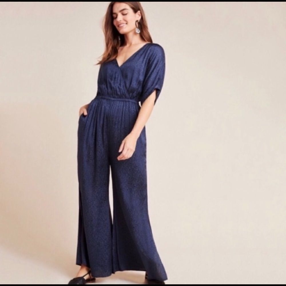 Anthropologie Maeve Blue Silky Short-Sleeved V-Neck Jumpsuit Sz S NWT